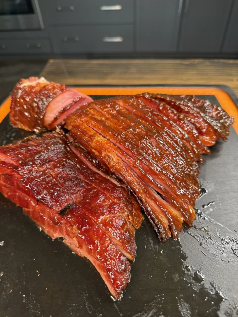 sliced ham on the cutting board