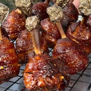 Bacon wrapped chicken lollipops with sweet chili garlic glaze