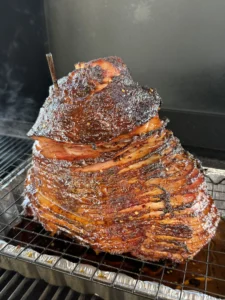 up close on the smoked christmas ham