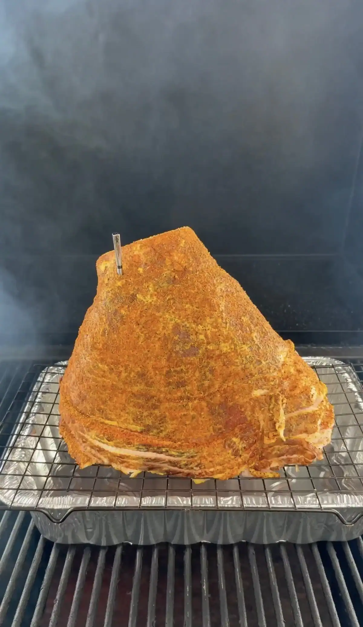 ham in the smoker with a metal pan beneath