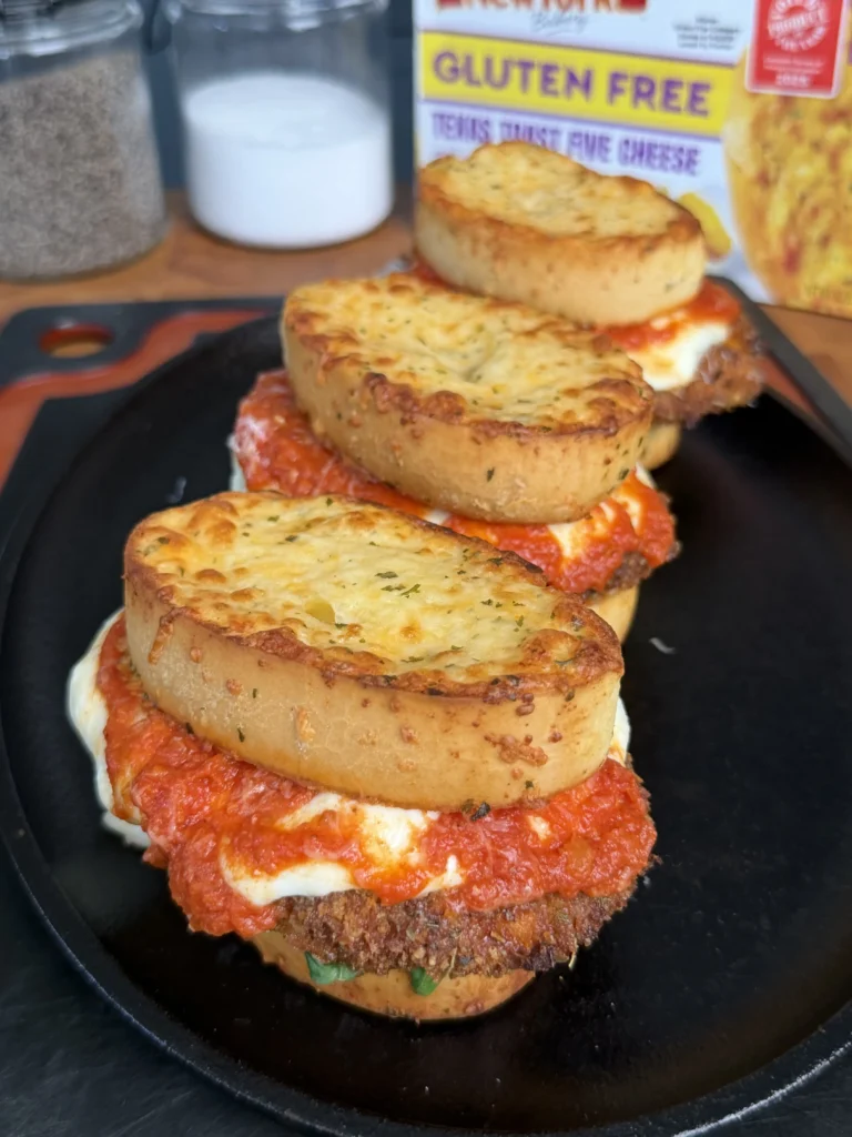 up close on 3 chicken parmesan sandwiches