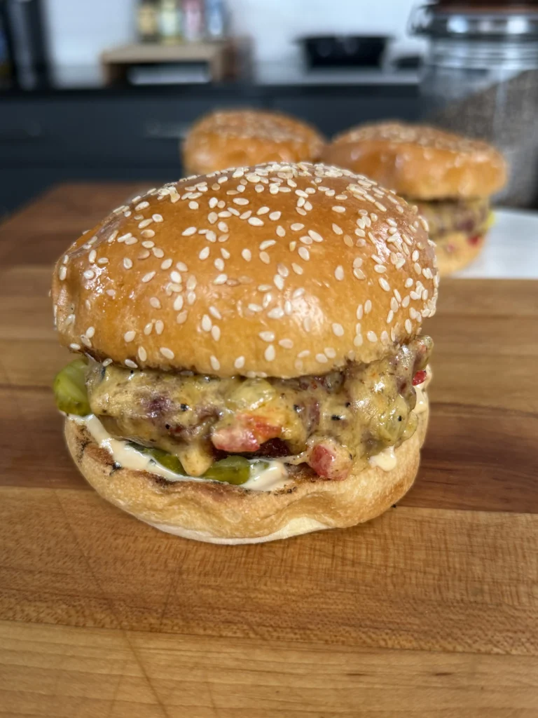 up close on a pimento cheese burger