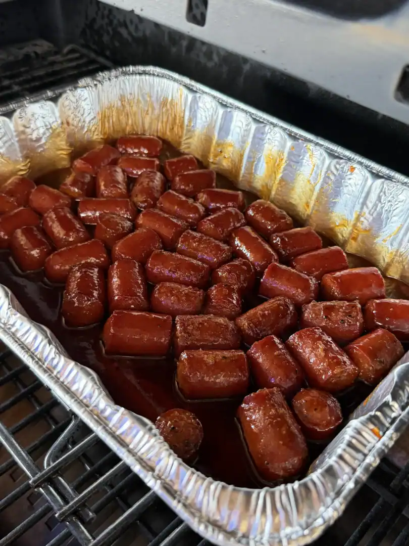 hot dog burnt ends in a pan