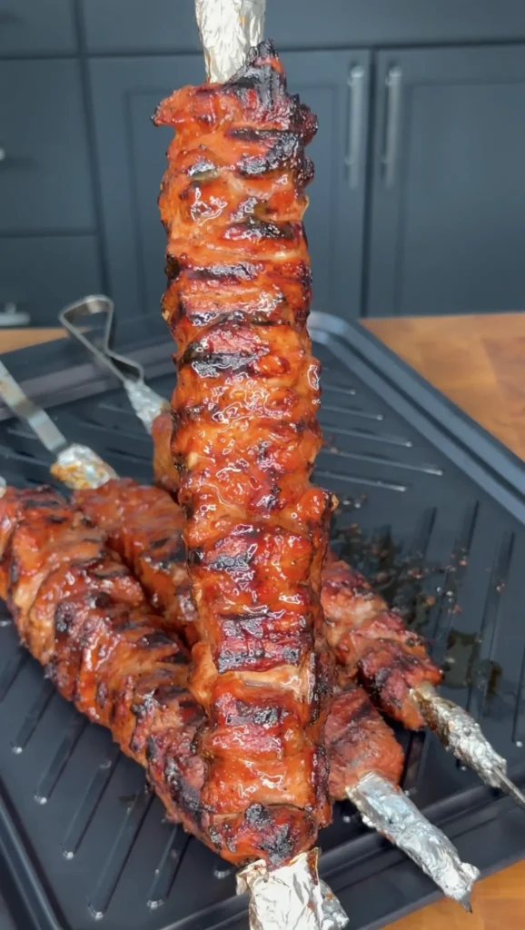 up close on a pork skewer