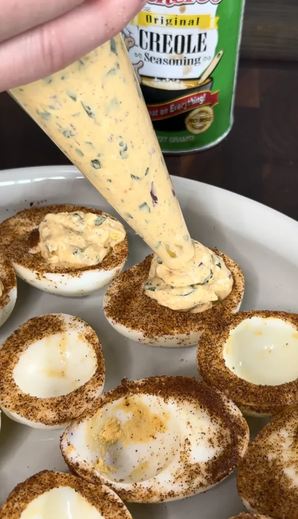 up close on the filling of deviled eggs