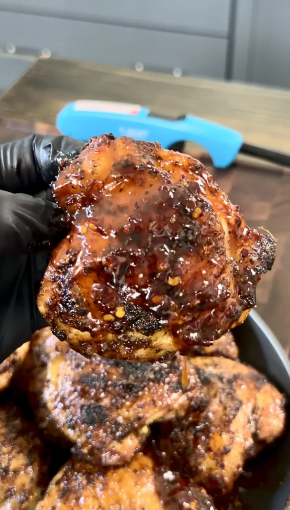 Glossy glazed honey chili crisp grilled chicken thighs being held with tongs, showing caramelized surface
