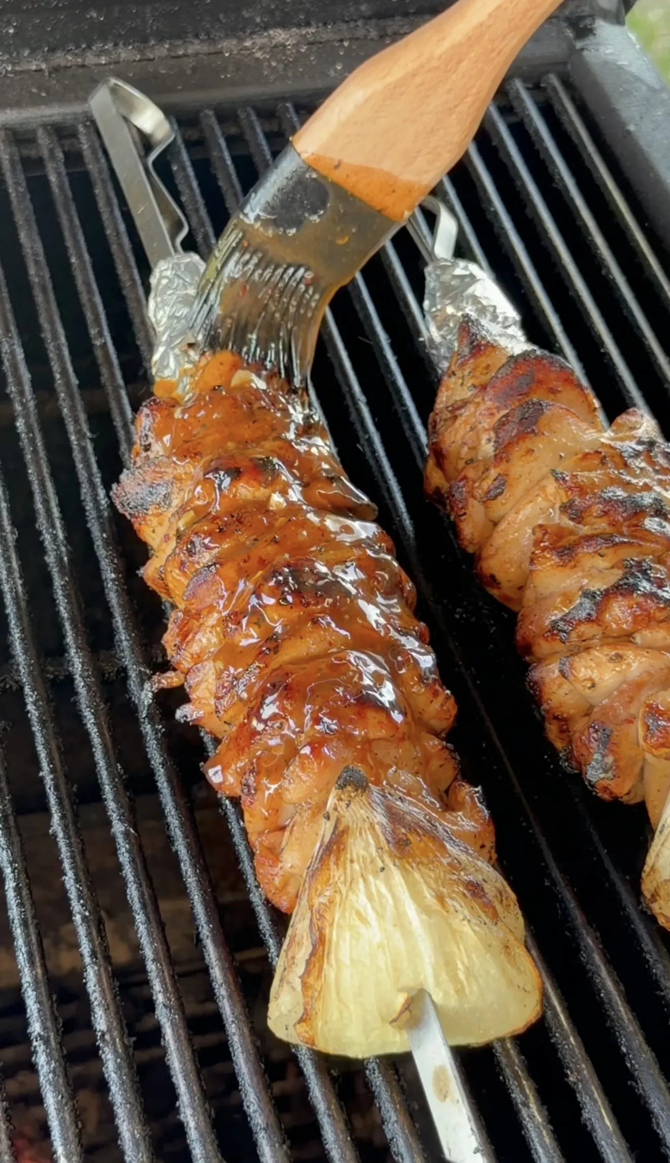 Grilled marinated chicken skewers with a golden honey lemon glaze