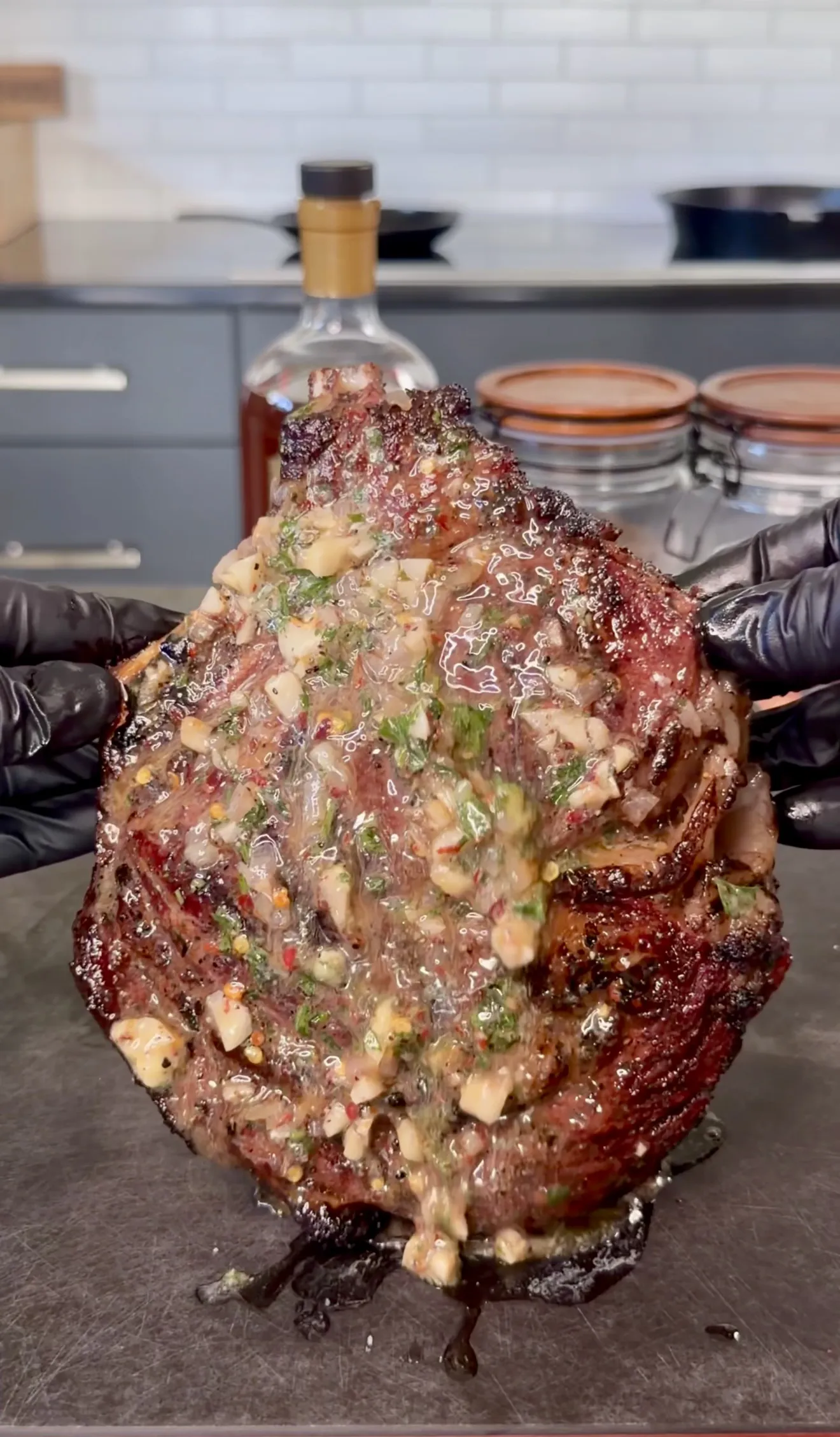 Grilled steak glistening with whiskey butter glaze