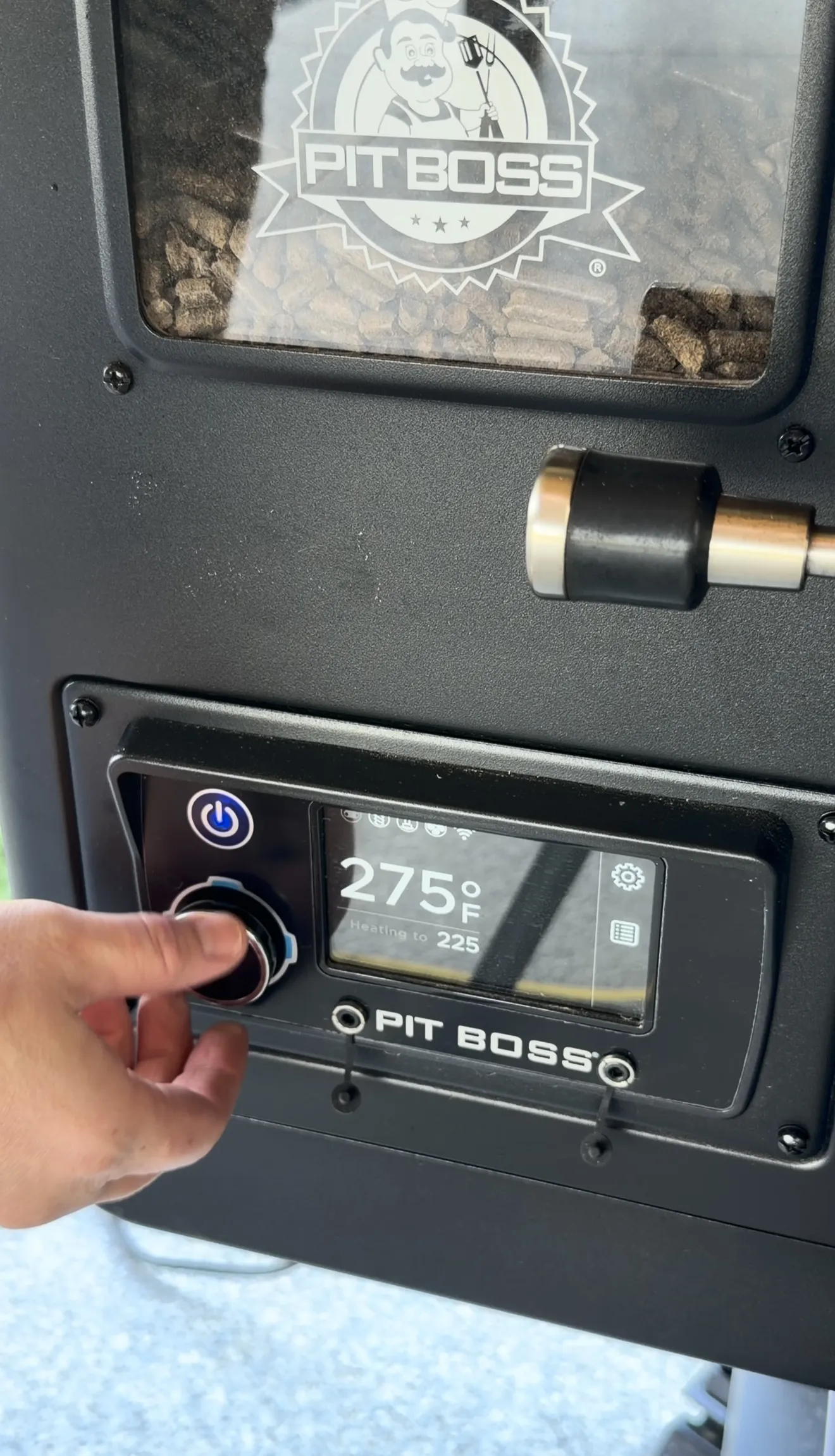 Pit Boss pellet grill preheating to 275 degrees for smoking shrimp