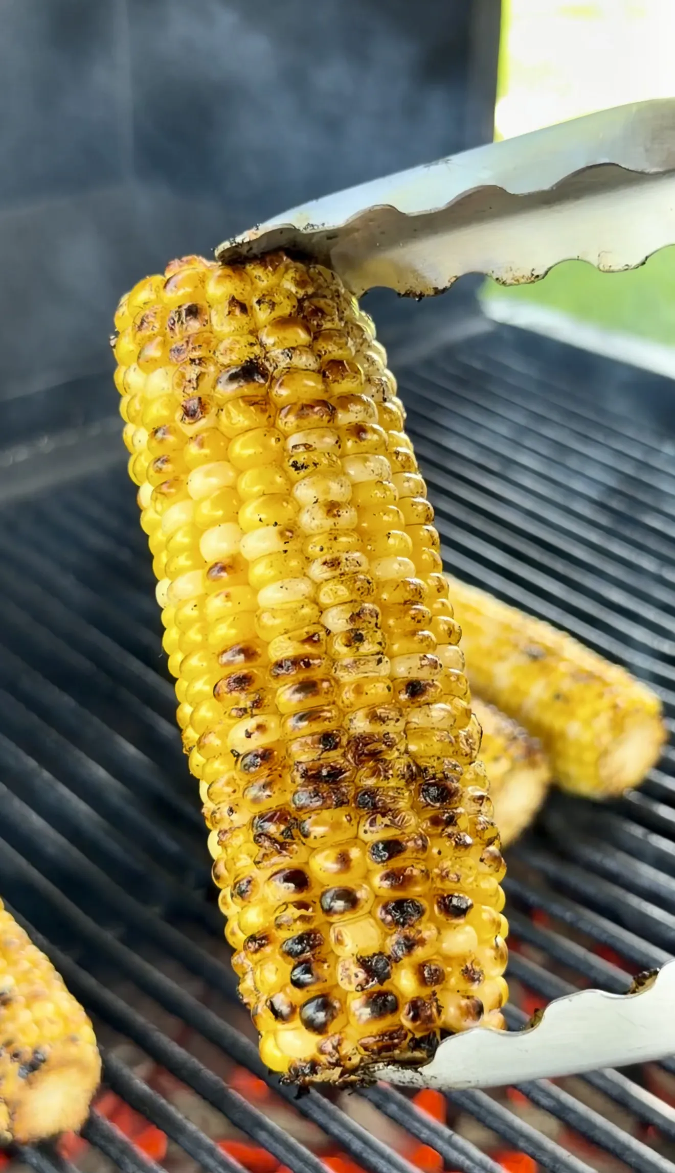 Grilled corn on the cob with charred golden kernels held with tongs over the grill