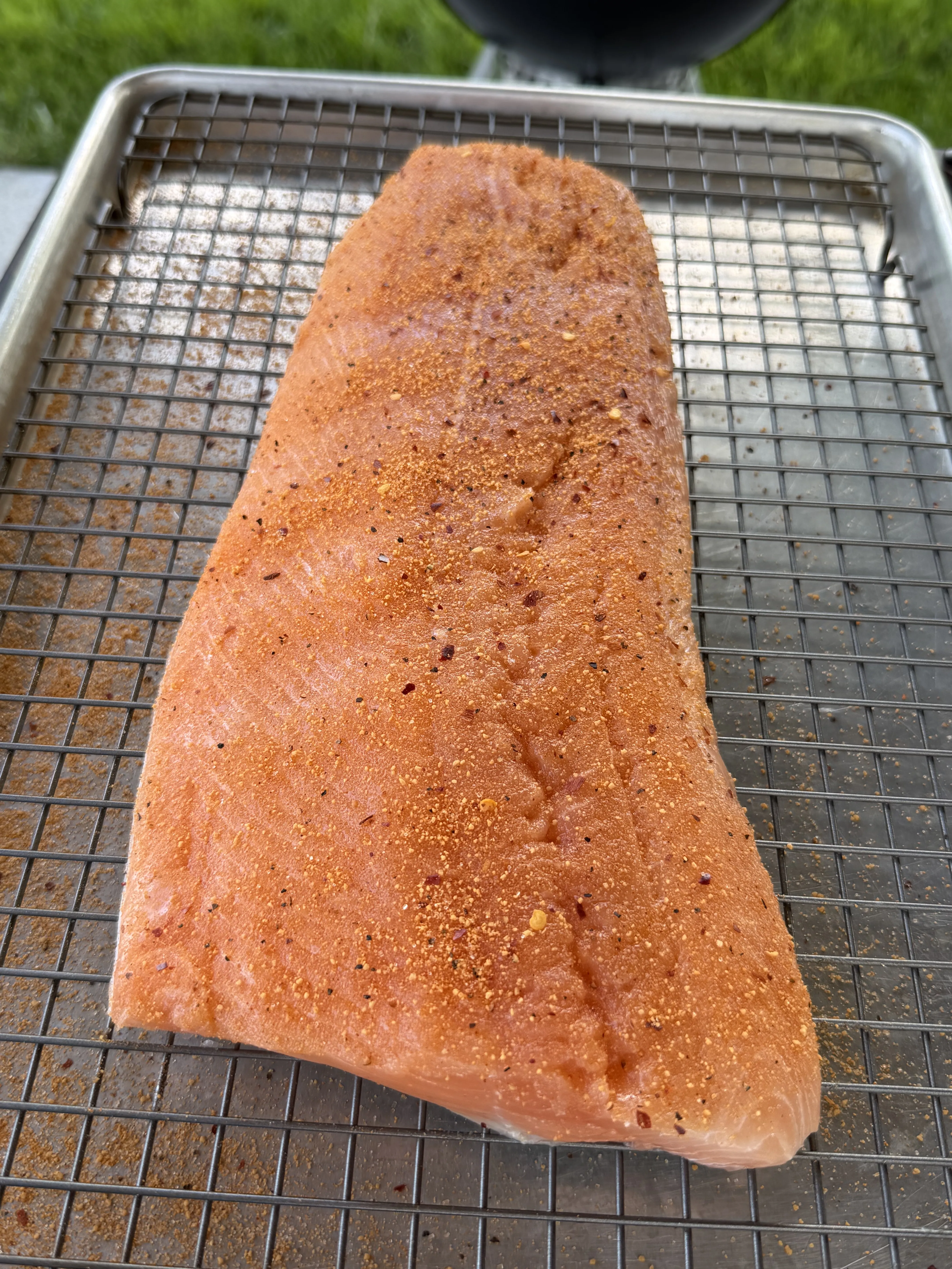 Seasoned hot honey smoked salmon fillet resting on a wire rack before smoking