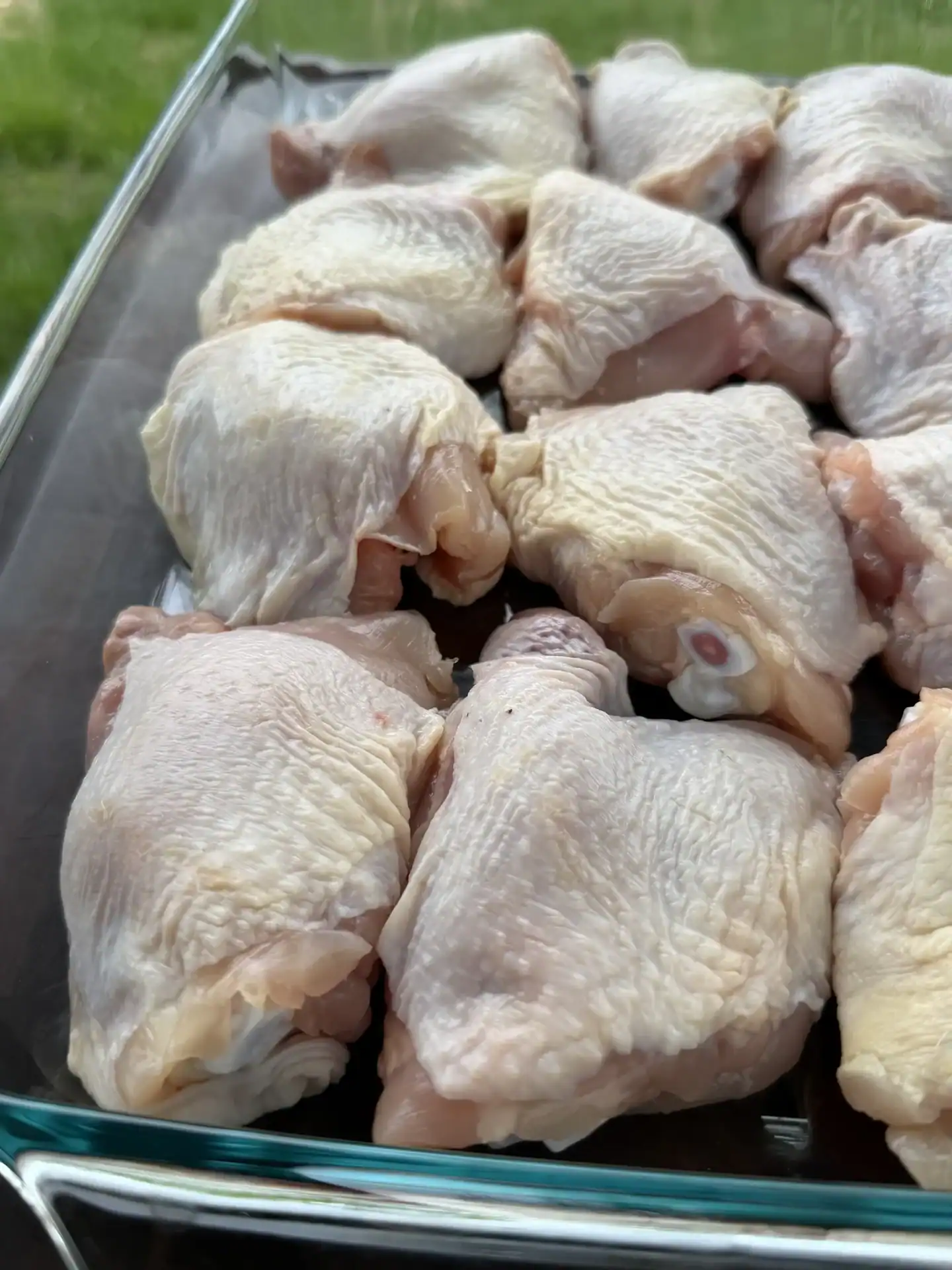 Raw chicken thighs with skin-on arranged in a glass baking dish, ready for garlic parmesan preparation