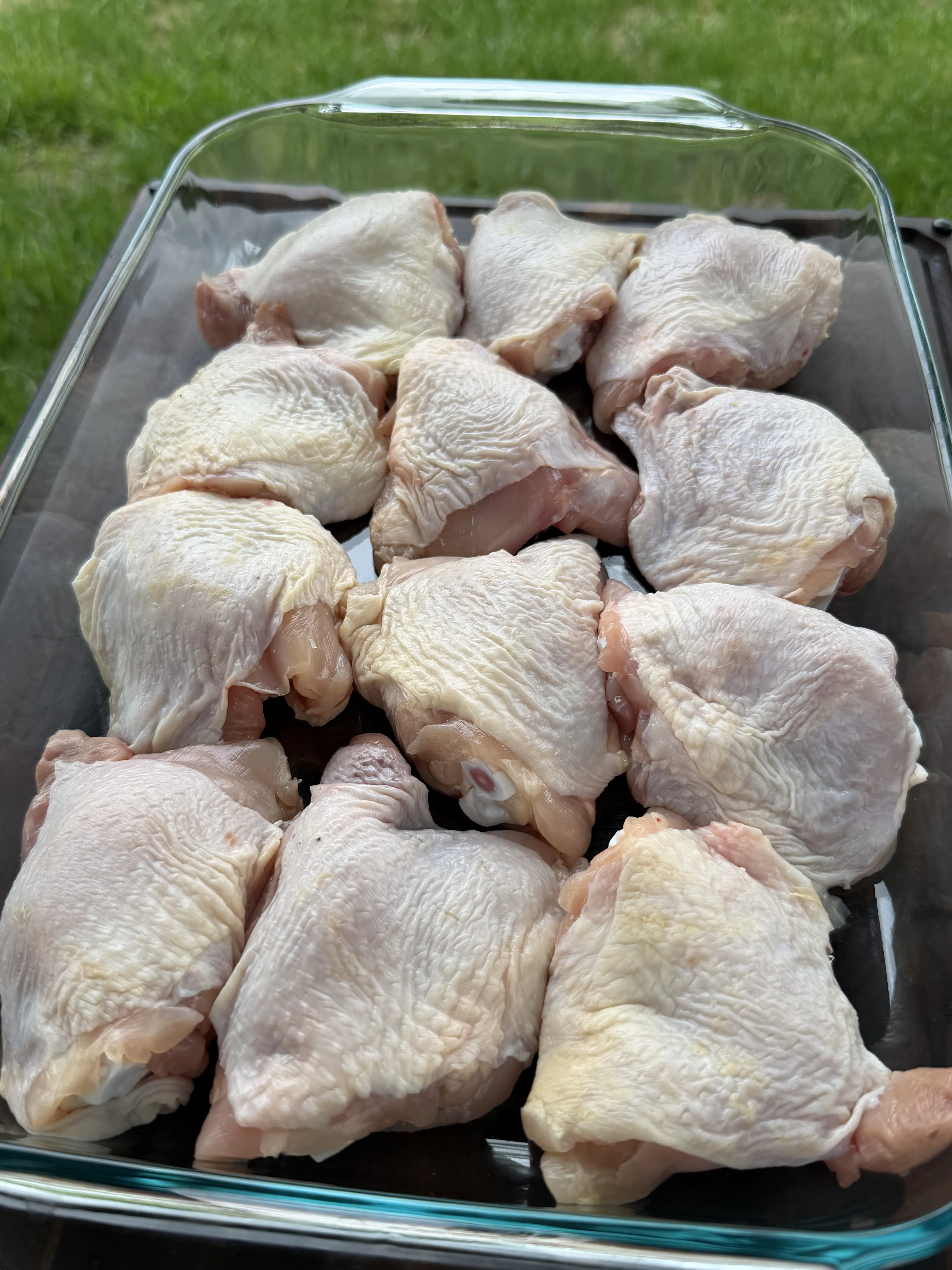 Raw bone-in chicken thighs in a glass baking dish ready for seasoning
