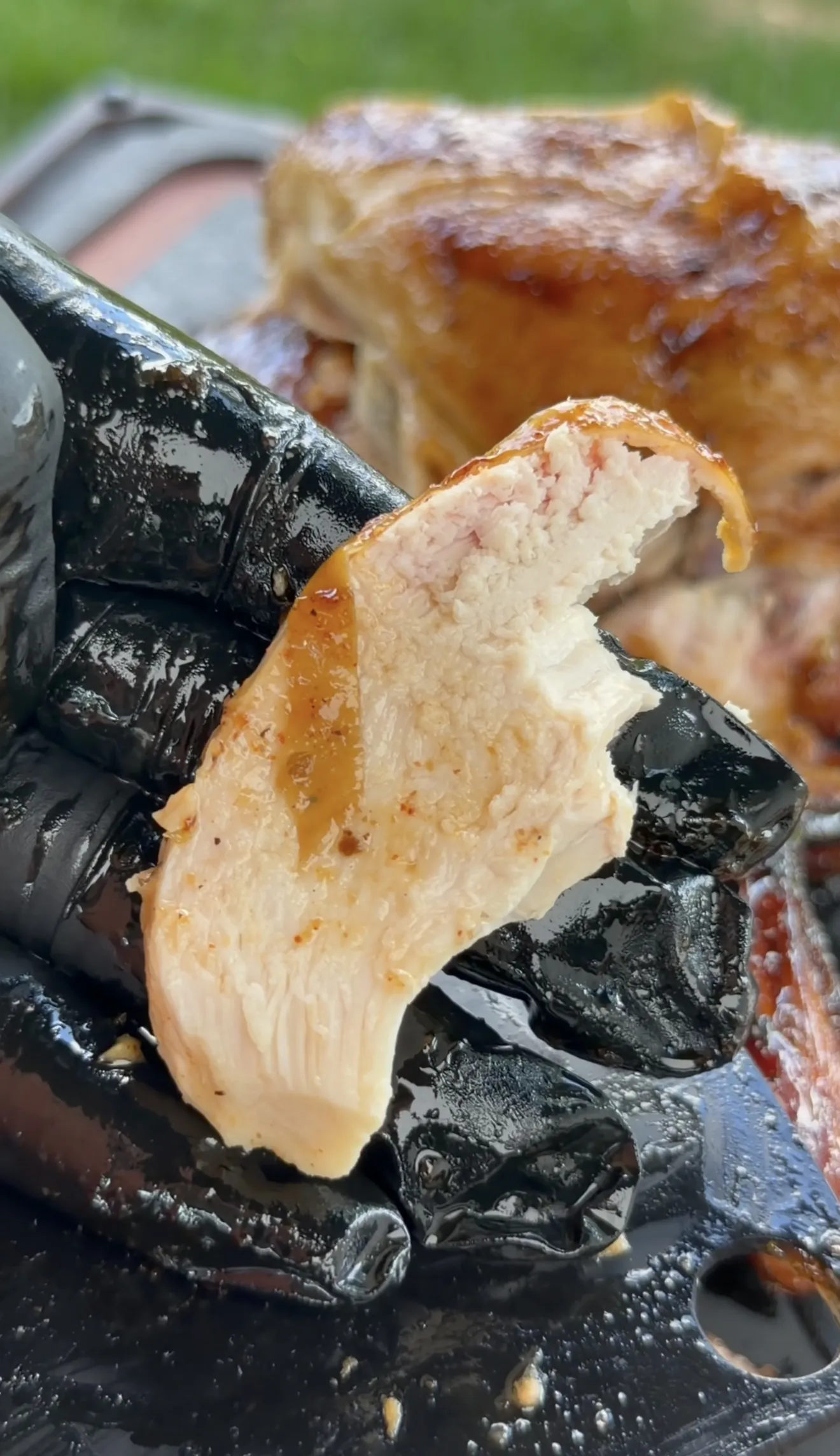 Cross-section of spatchcock chicken showing golden crispy skin and juicy meat