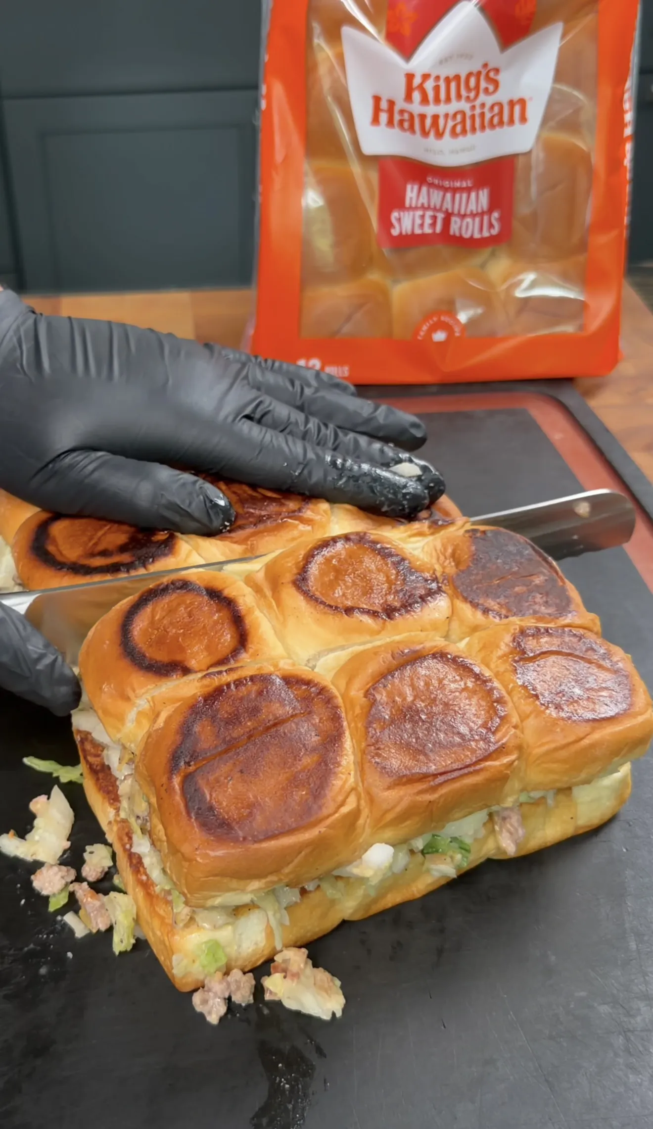 Chopped cheeseburger sliders on King's Hawaiian rolls fresh off the griddle