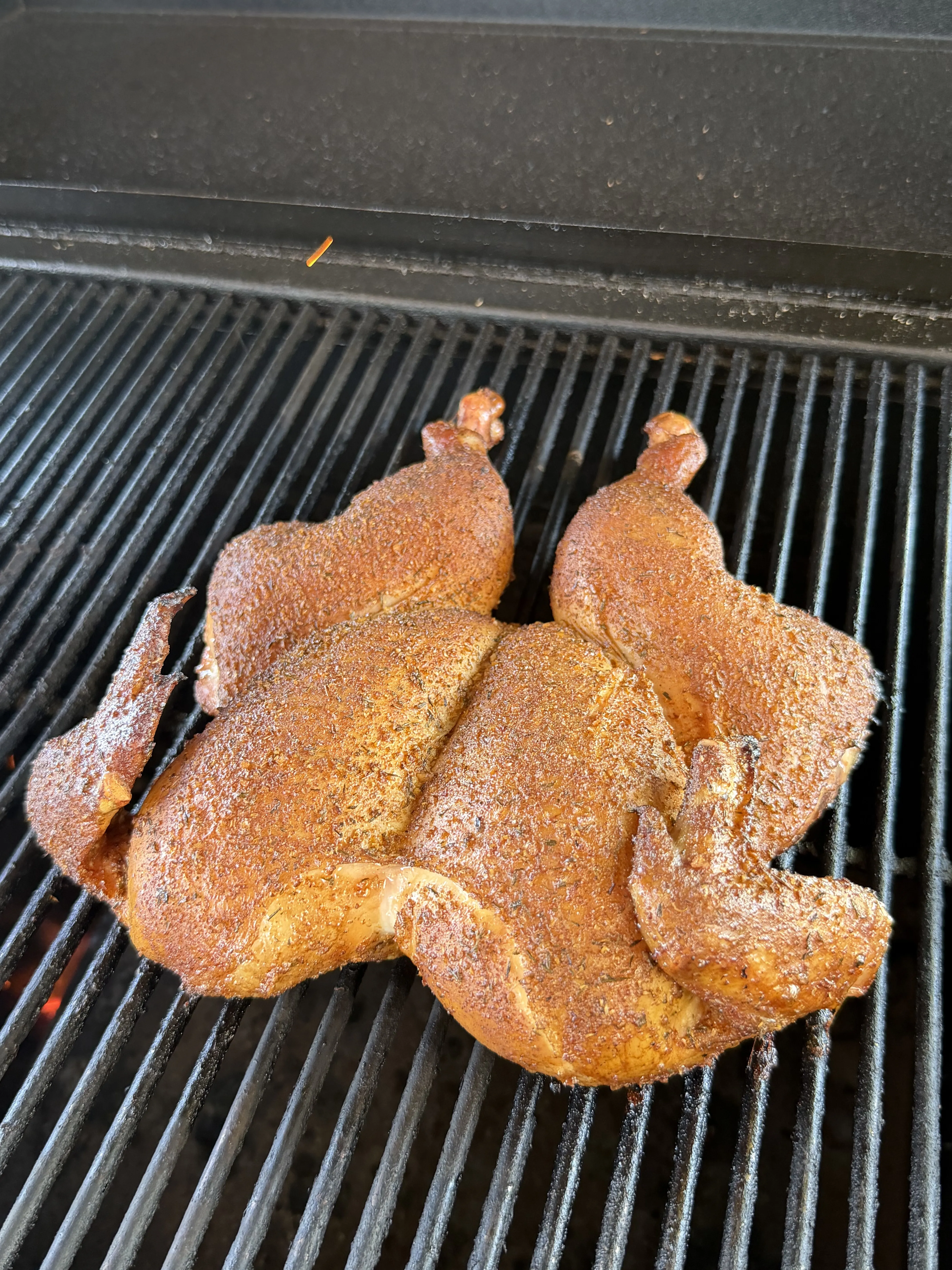 Spatchcock chicken with golden brown skin cooking on pellet grill grates