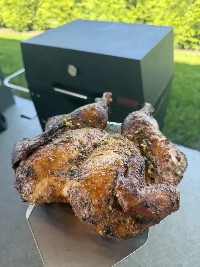 Golden brown whole lemon garlic chicken with crispy skin fresh off outdoor smoker grill
