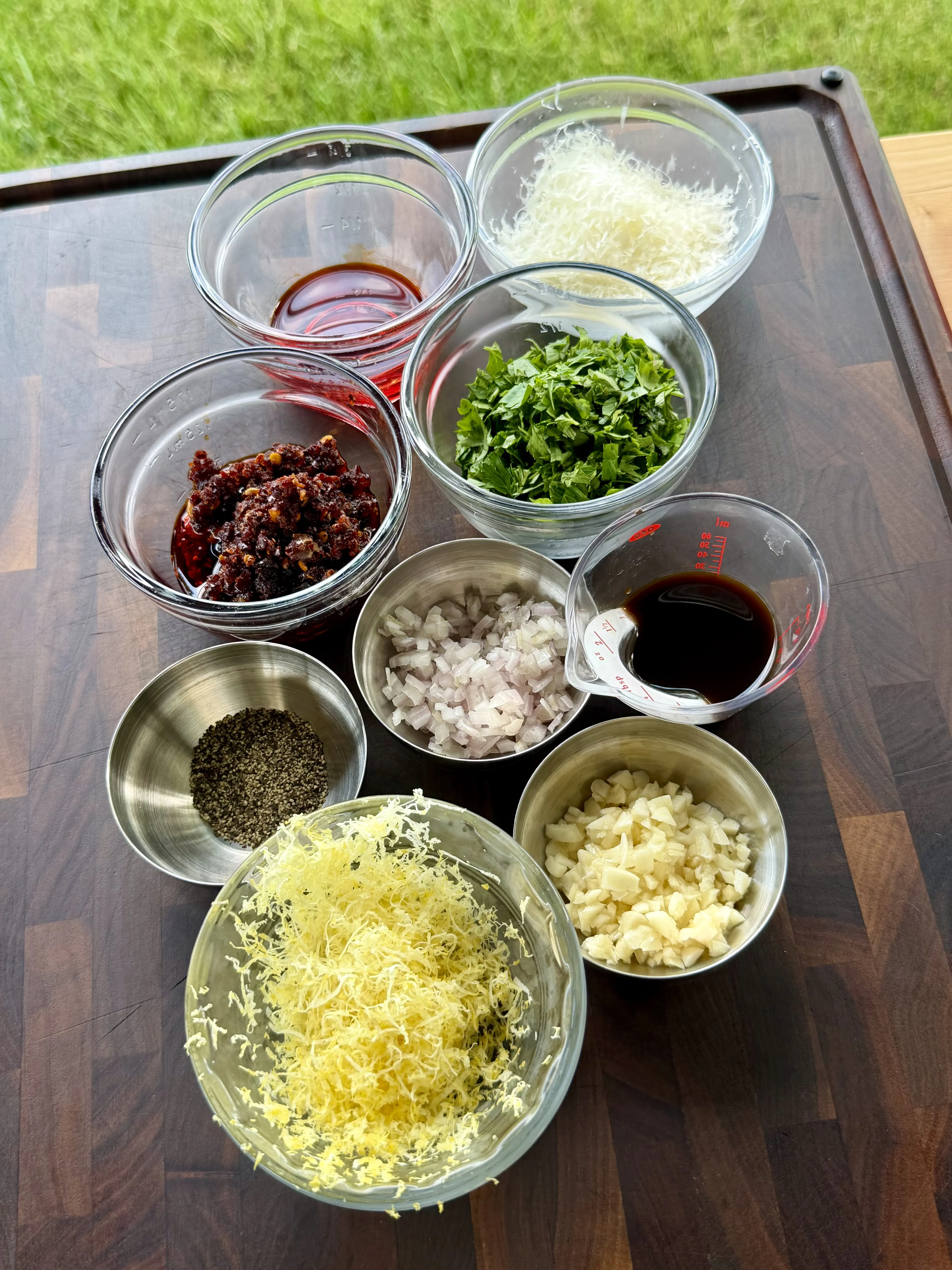 Ingredients for chili parmesan compound butter laid out before mixing