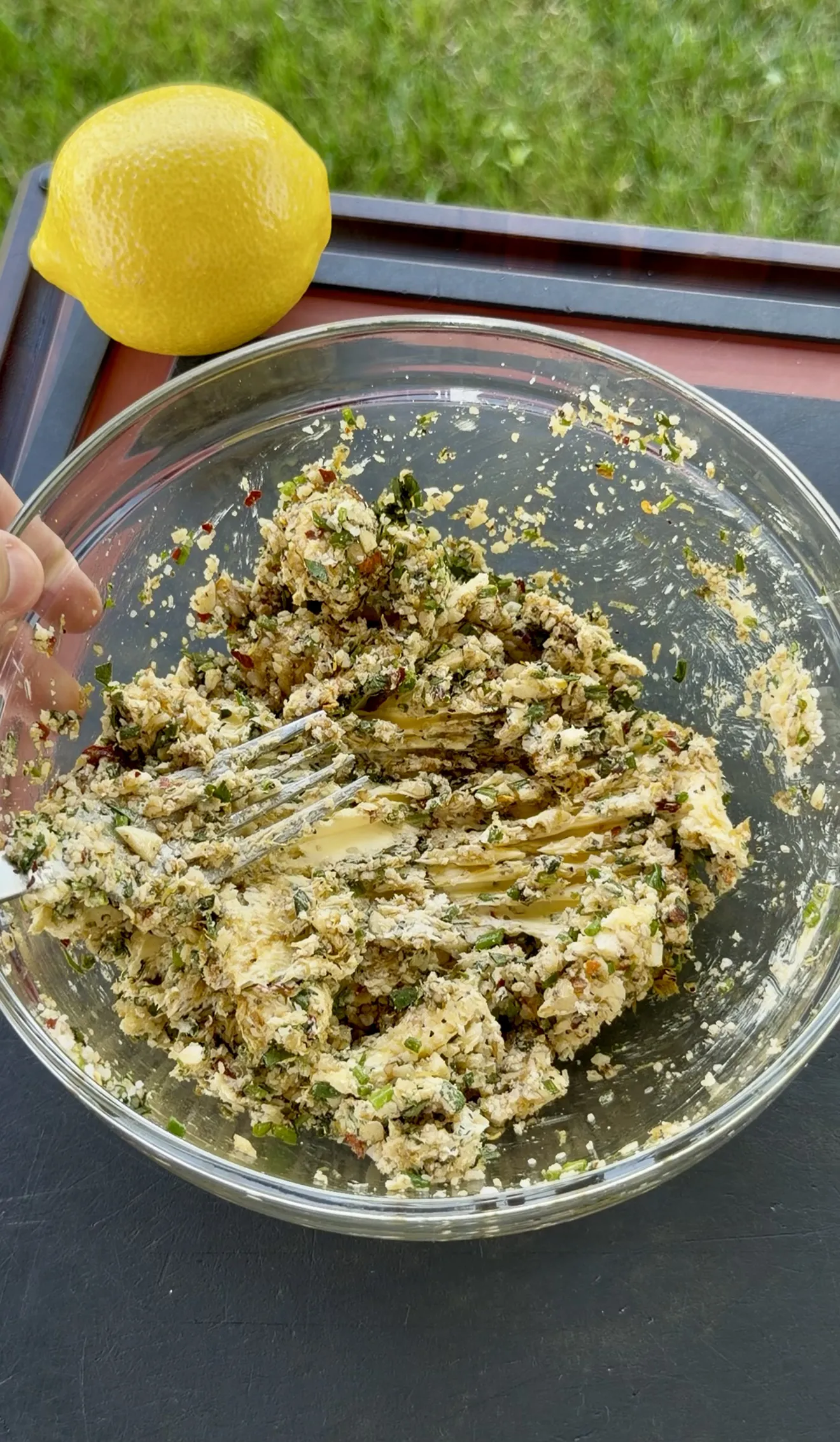 Fully mixed garlic parmesan basil butter ready to roll into a log