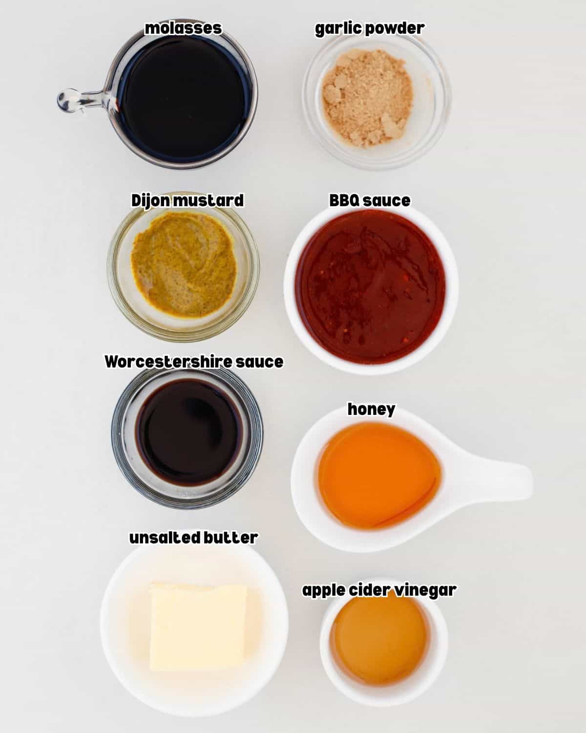 Molasses butter glaze ingredients with BBQ sauce, Dijon mustard, honey and Worcestershire sauce