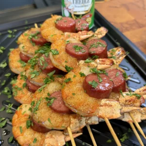 Grilled shrimp and sausage skewers seasoned with Tony Chachere's Creole seasoning, garnished with fresh parsley
