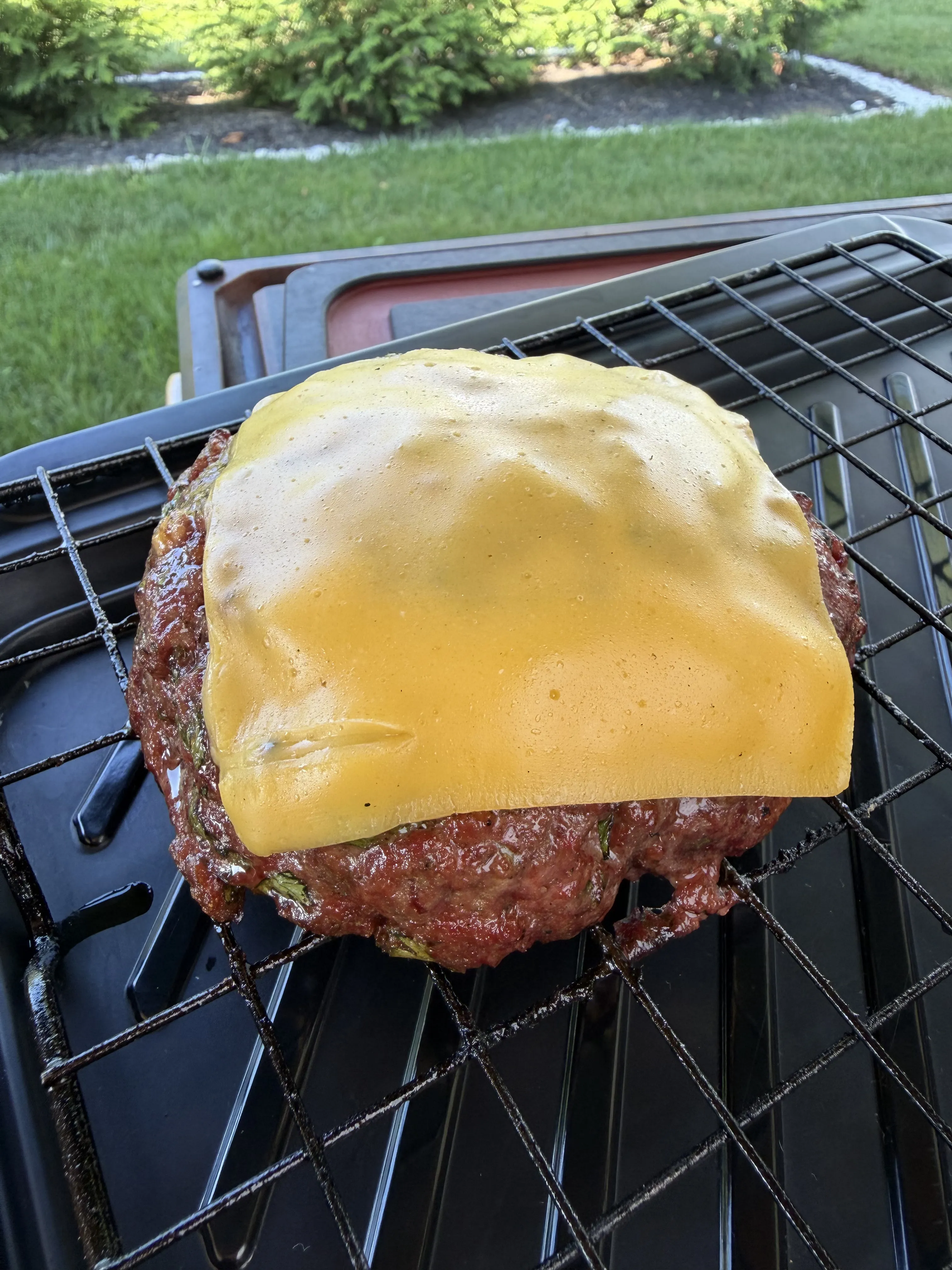 Stuffed burger patty with melted cheese finishing on the grill grates