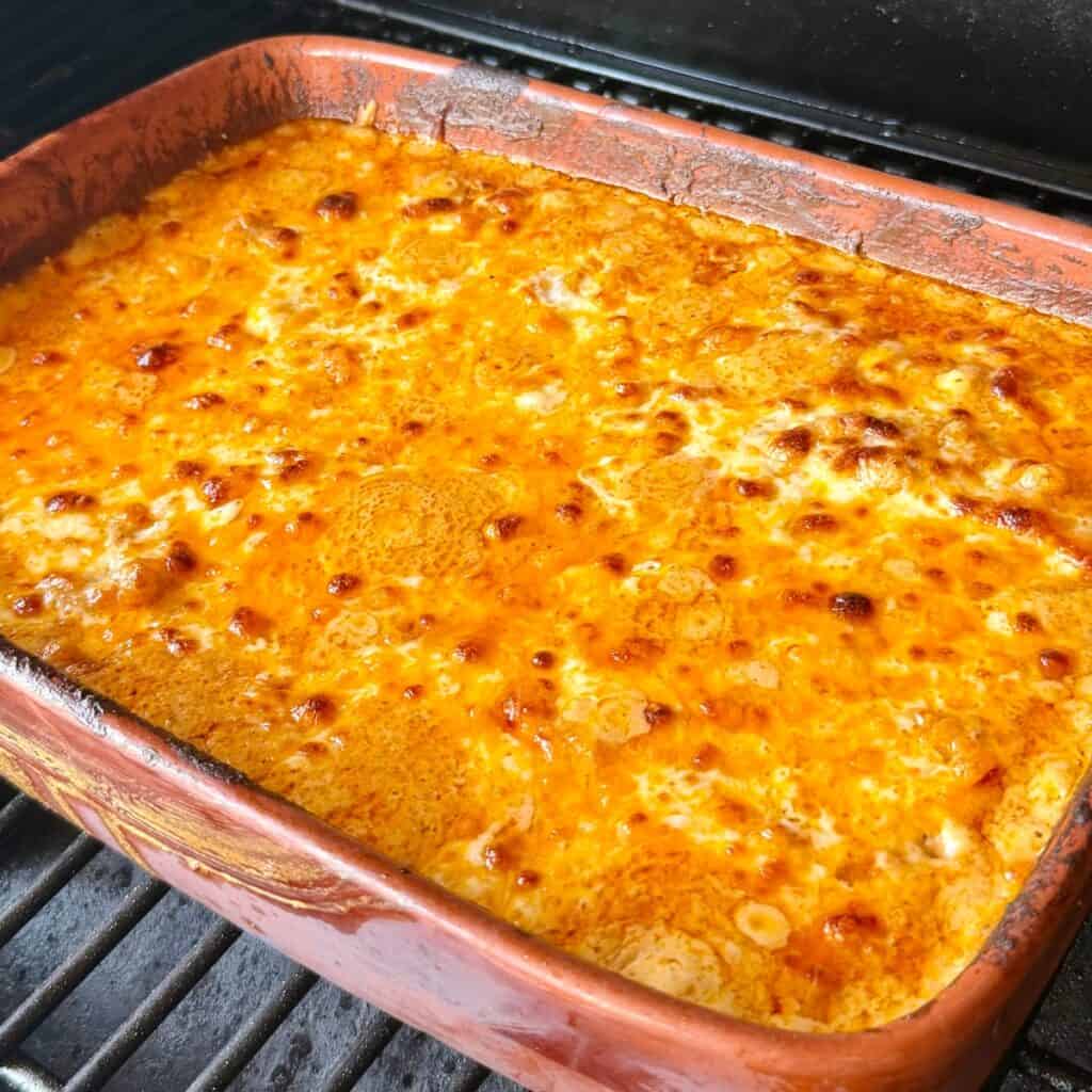 Browned cheese crust on smoked mac and cheese