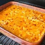Browned cheese crust on smoked mac and cheese
