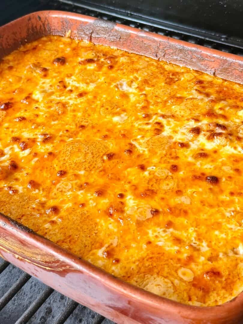 Browned cheese crust on smoked mac and cheese