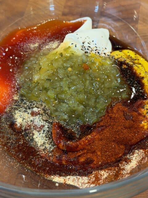 Burger sauce. ingredients with mayonnaise, ketchup, mustard, sweet relish and seasonings