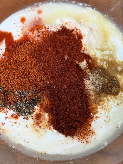 Mexican street corn crema ingredients ready to whisk. together for pasta salad