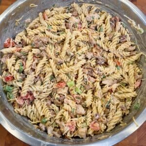 Chicken Bacon Ranch Pasta Salad with grilled chicken, crispy bacon, Monterey cheddar and homemade ranch