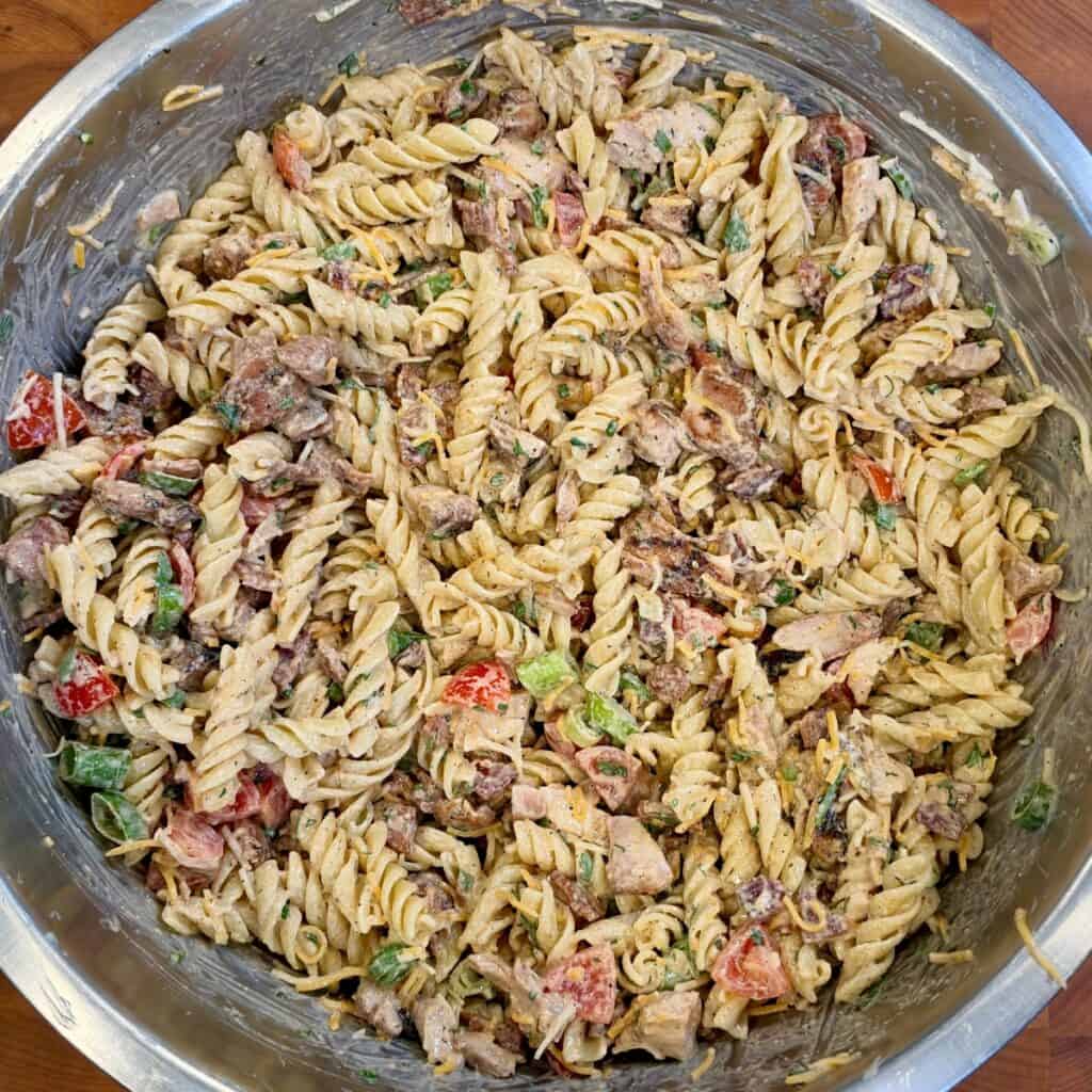 Chicken Bacon Ranch Pasta Salad with grilled chicken, crispy bacon, Monterey cheddar and homemade ranch