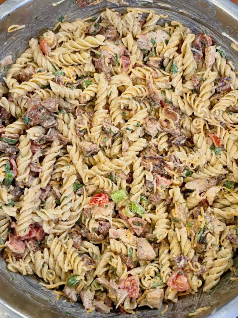 Chicken Bacon Ranch Pasta Salad with grilled chicken, crispy bacon, Monterey cheddar and homemade ranch
