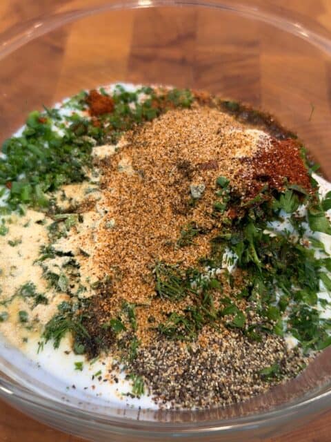 Homemade Cajun ranch dressing ingredients for Chicken Bacon Ranch Pasta Salad