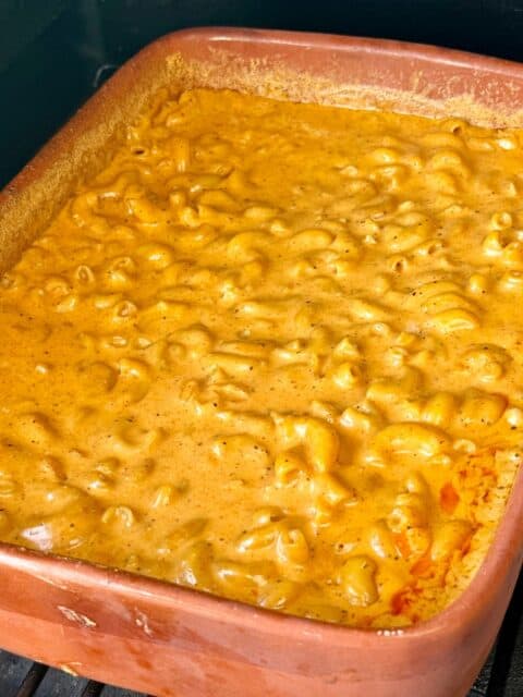 No-Bake Smoked Mac and Cheese after the first 30-minute cook and stir.