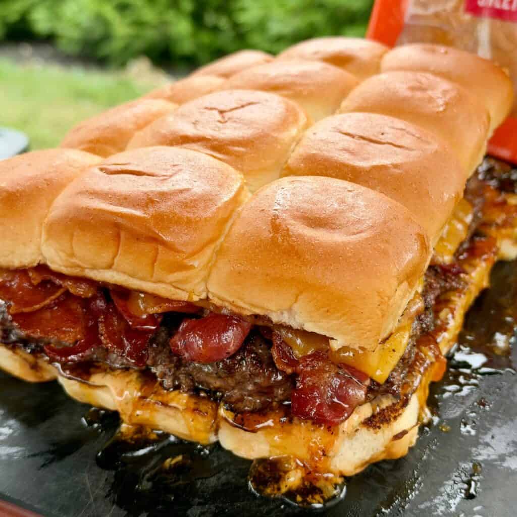 Bacon cheeseburger sliders with cheddar, crispy bacon and smoked cowboy candy