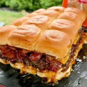 Bacon cheeseburger sliders with cheddar, crispy bacon and smoked cowboy candy