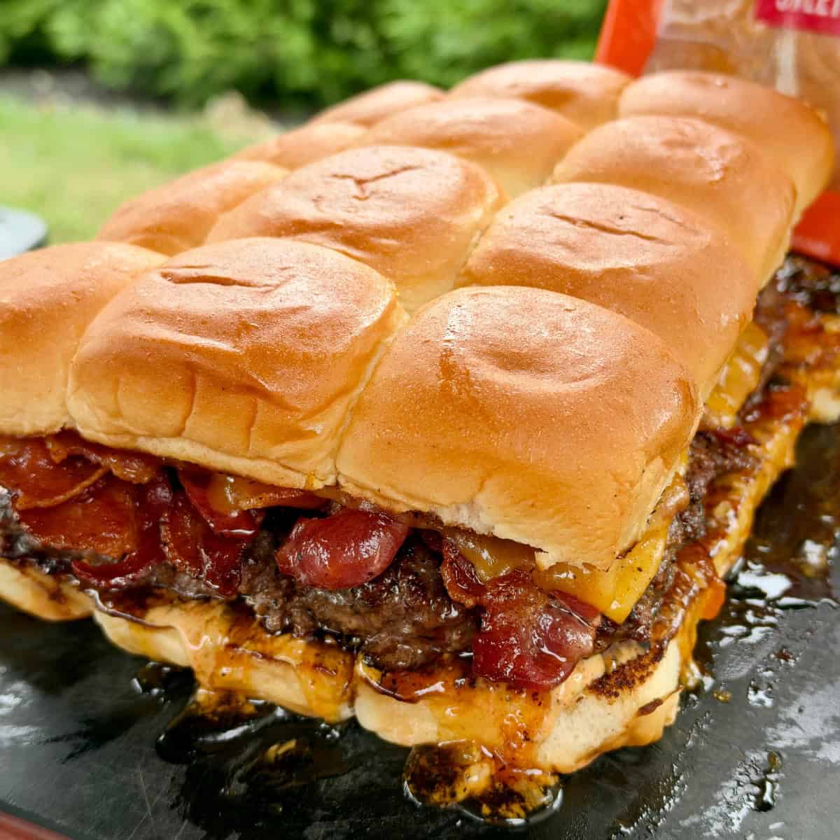 Bacon cheeseburger sliders with cheddar, crispy bacon and smoked cowboy candy